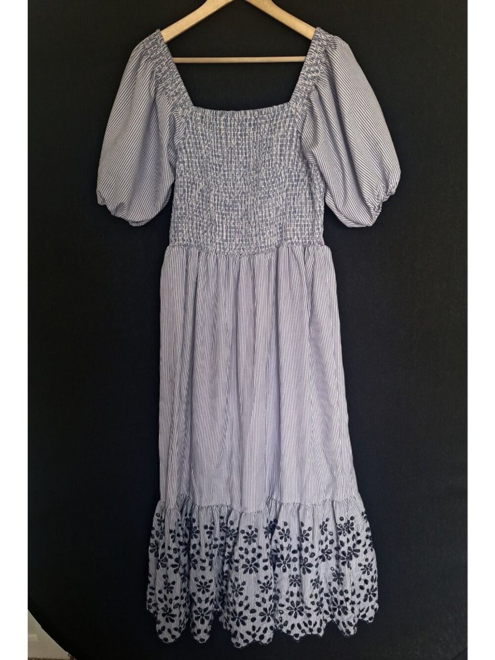 💙 Truly 4 You Blue White Stripe Smocked Size XL/2X Maxi Dress Puff Sleeve Embro